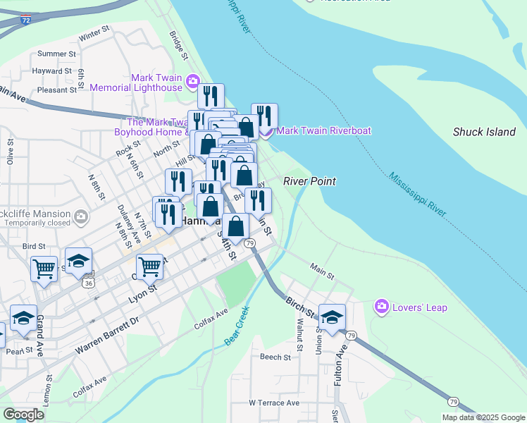 map of restaurants, bars, coffee shops, grocery stores, and more near 100 Main Street in Hannibal