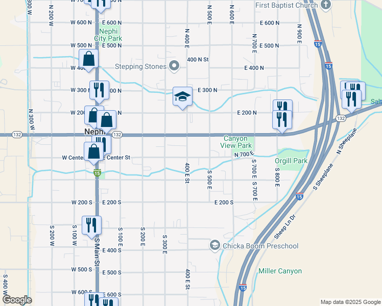 map of restaurants, bars, coffee shops, grocery stores, and more near 54 North 400 East in Nephi