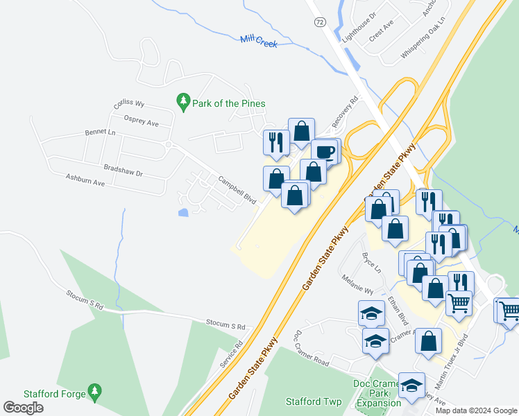 map of restaurants, bars, coffee shops, grocery stores, and more near 746 Stafford Park Boulevard in Stafford Township