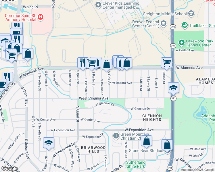 map of restaurants, bars, coffee shops, grocery stores, and more near 390 South Owens Street in Lakewood
