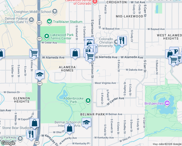 map of restaurants, bars, coffee shops, grocery stores, and more near 404 South Garrison Street in Lakewood