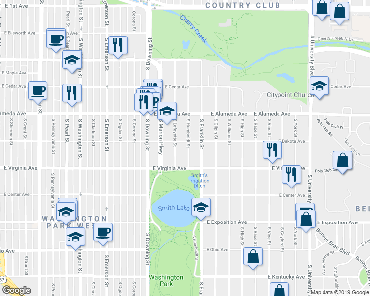 map of restaurants, bars, coffee shops, grocery stores, and more near 423 South Humboldt Street in Denver