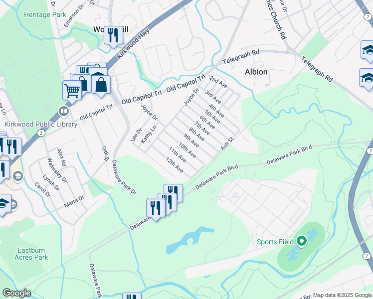 map of restaurants, bars, coffee shops, grocery stores, and more near 10th Avenue in New Castle County