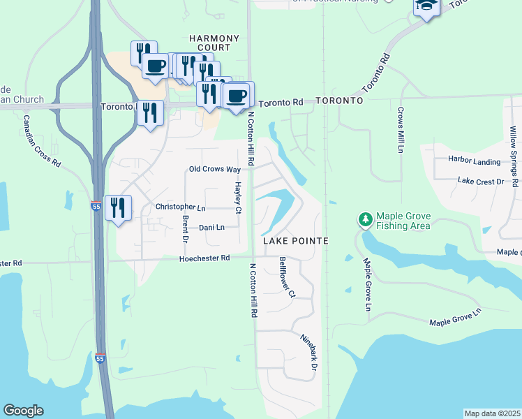 map of restaurants, bars, coffee shops, grocery stores, and more near 1409 Lake Pointe Court in Springfield