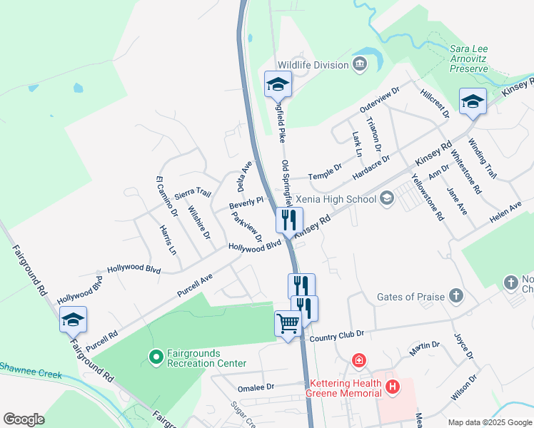 map of restaurants, bars, coffee shops, grocery stores, and more near 27 Beverly Place in Xenia