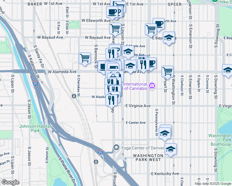 map of restaurants, bars, coffee shops, grocery stores, and more near 33 East Dakota Avenue in Denver