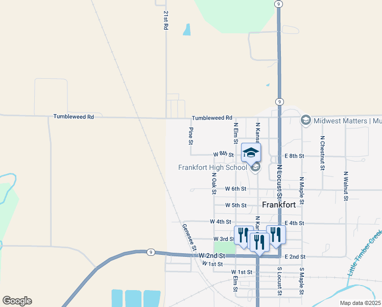 map of restaurants, bars, coffee shops, grocery stores, and more near Pine Street in Frankfort