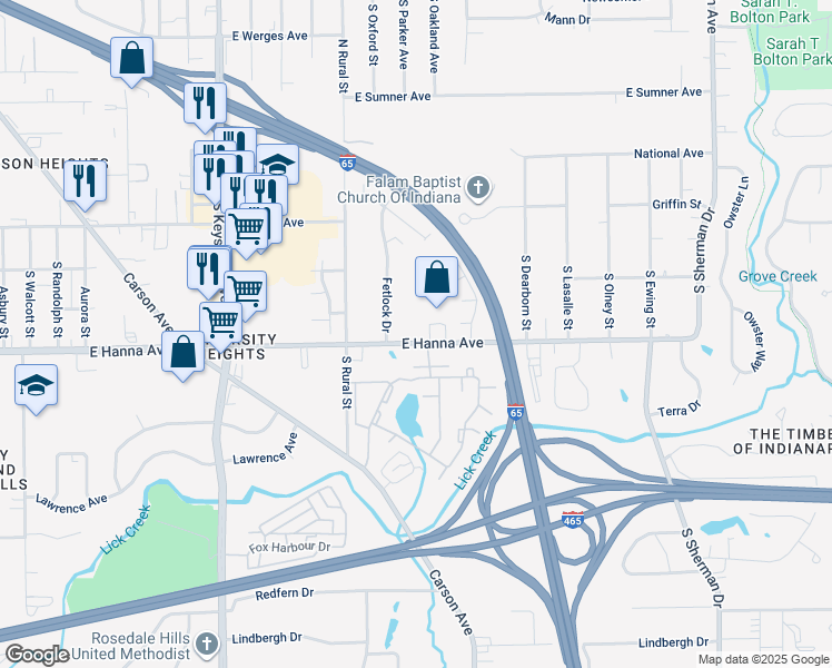 map of restaurants, bars, coffee shops, grocery stores, and more near 2910 East Hanna Avenue in Indianapolis