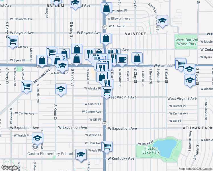map of restaurants, bars, coffee shops, grocery stores, and more near 395 South Federal Boulevard in Denver