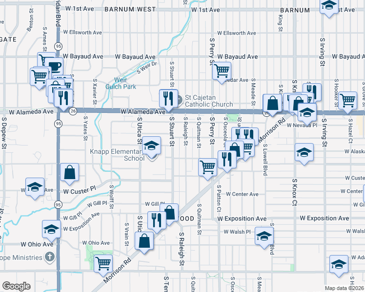 map of restaurants, bars, coffee shops, grocery stores, and more near 398 South Raleigh Street in Denver