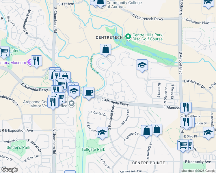 map of restaurants, bars, coffee shops, grocery stores, and more near 338 South Joplin Street in Aurora