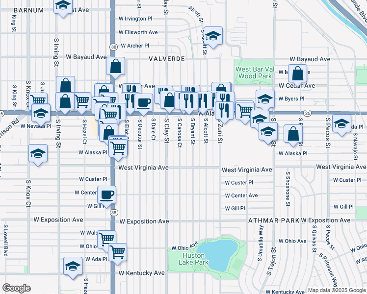 map of restaurants, bars, coffee shops, grocery stores, and more near 395 South Canosa Court in Denver