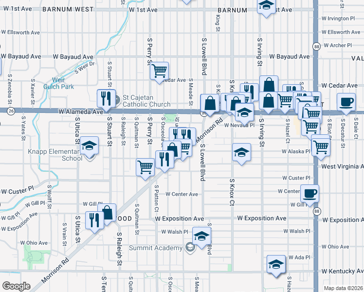 map of restaurants, bars, coffee shops, grocery stores, and more near 401 South Newton Street in Denver