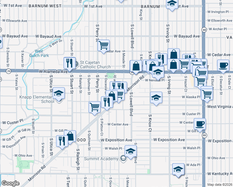 map of restaurants, bars, coffee shops, grocery stores, and more near 401 South Newton Street in Denver