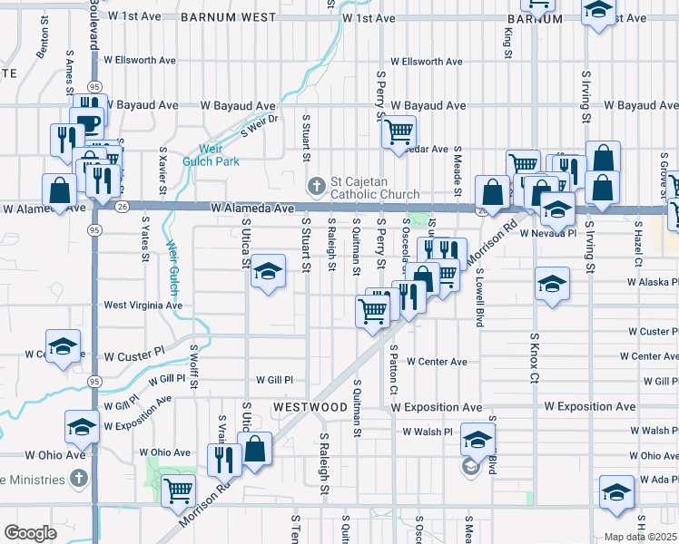 map of restaurants, bars, coffee shops, grocery stores, and more near 398 South Raleigh Street in Denver