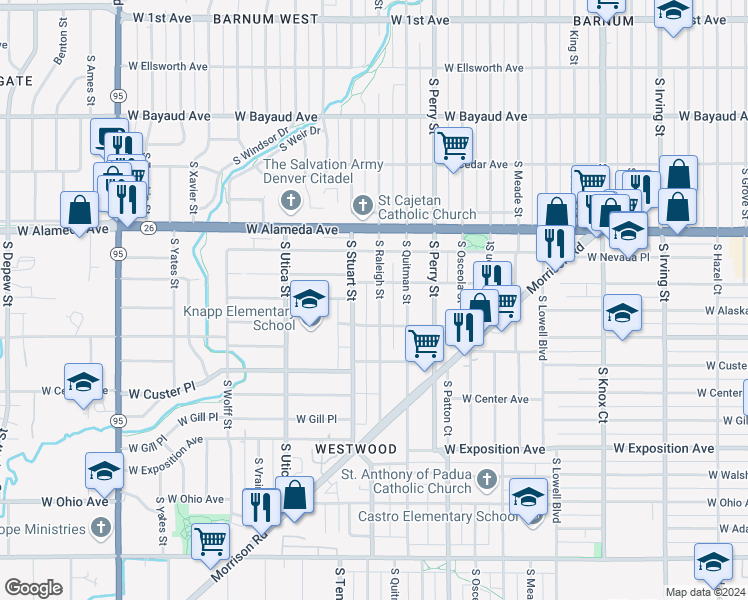 map of restaurants, bars, coffee shops, grocery stores, and more near 398 South Raleigh Street in Denver