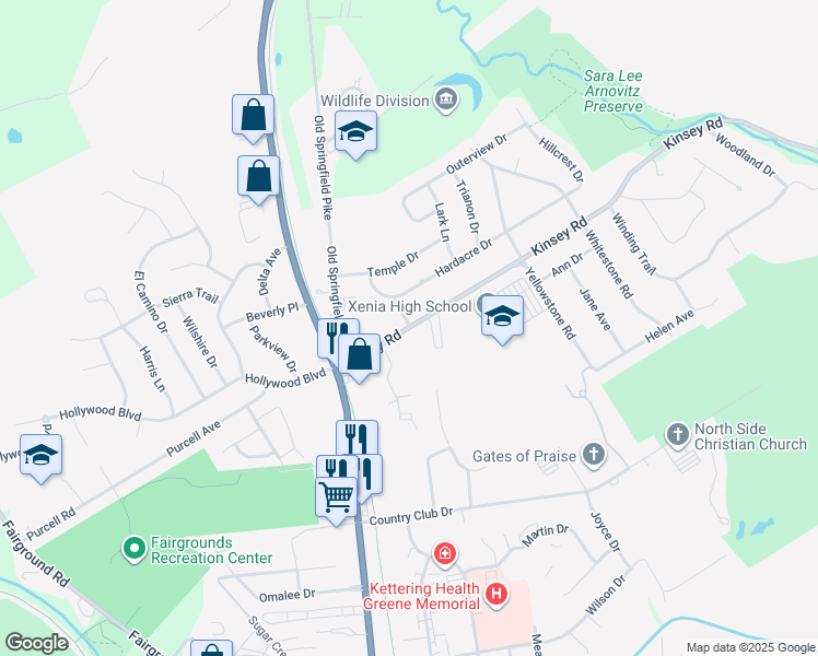 map of restaurants, bars, coffee shops, grocery stores, and more near 60 Kinsey Road in Xenia