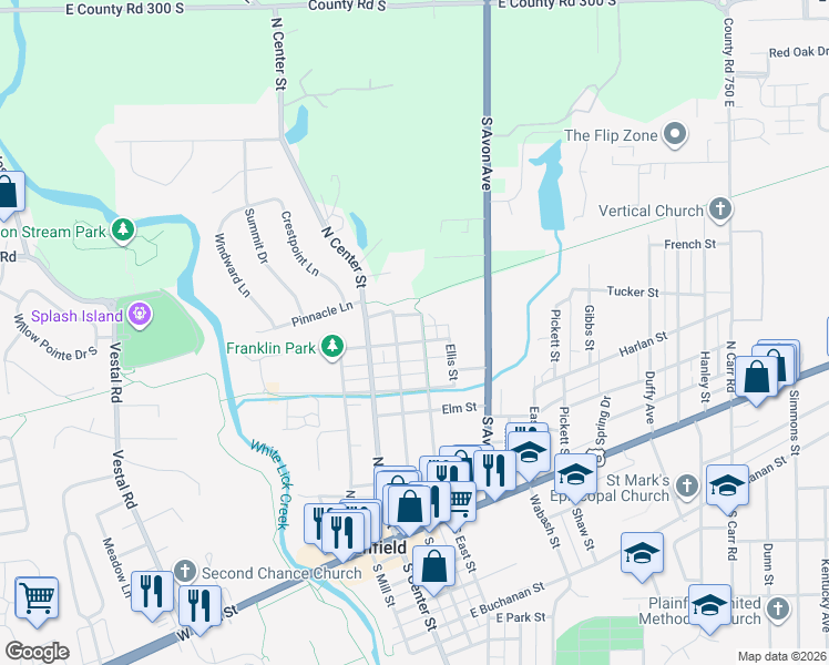 map of restaurants, bars, coffee shops, grocery stores, and more near 423 North Vine Street in Plainfield