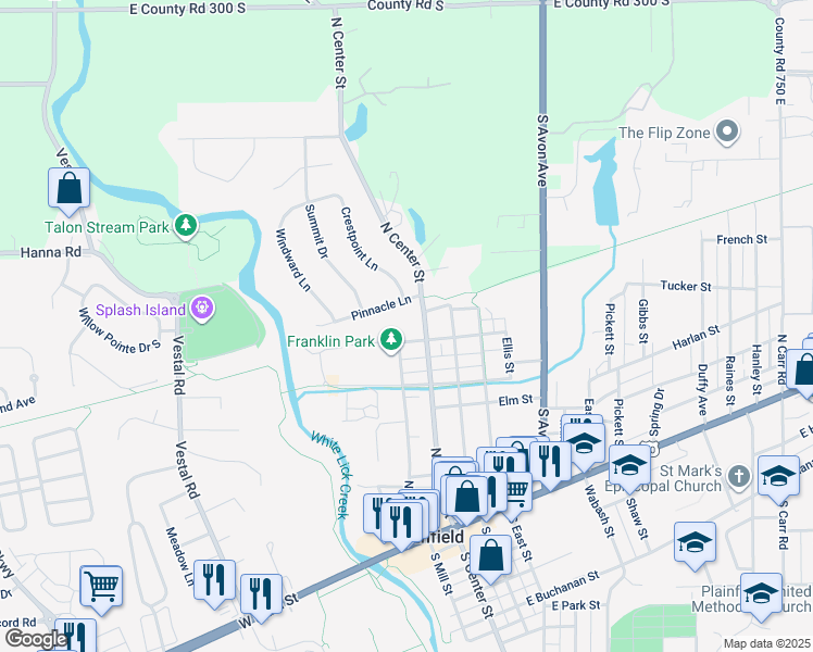 map of restaurants, bars, coffee shops, grocery stores, and more near 201 Pinnacle Lane in Plainfield