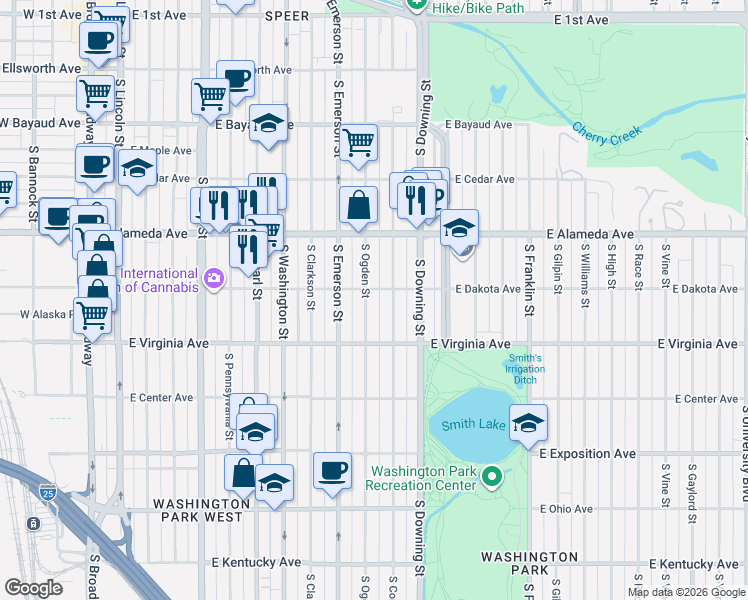 map of restaurants, bars, coffee shops, grocery stores, and more near 393 South Ogden Street in Denver