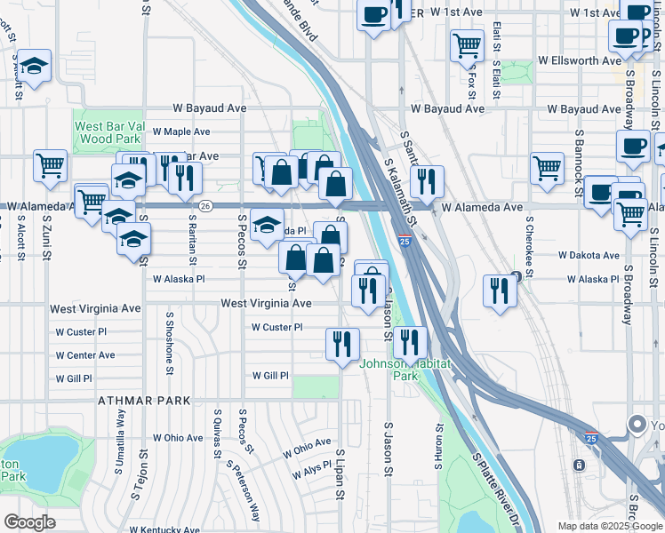 map of restaurants, bars, coffee shops, grocery stores, and more near 377b South Lipan Street in Denver
