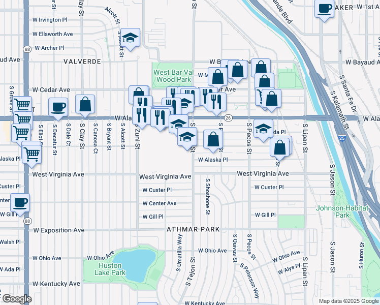 map of restaurants, bars, coffee shops, grocery stores, and more near 451 South Tejon Street in Denver