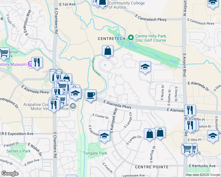 map of restaurants, bars, coffee shops, grocery stores, and more near 338 South Joplin Street in Aurora