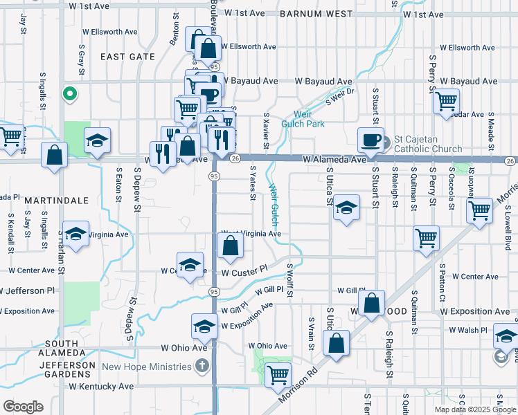 map of restaurants, bars, coffee shops, grocery stores, and more near 5000 West Dakota Avenue in Denver