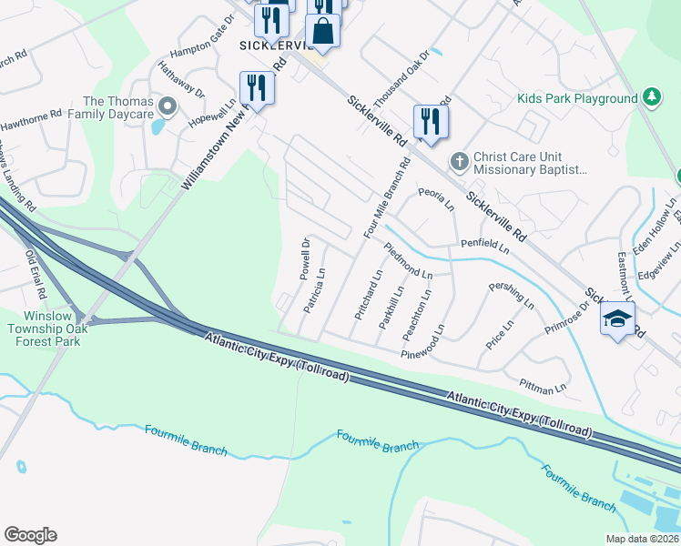 map of restaurants, bars, coffee shops, grocery stores, and more near 3 Powell Drive in Sicklerville
