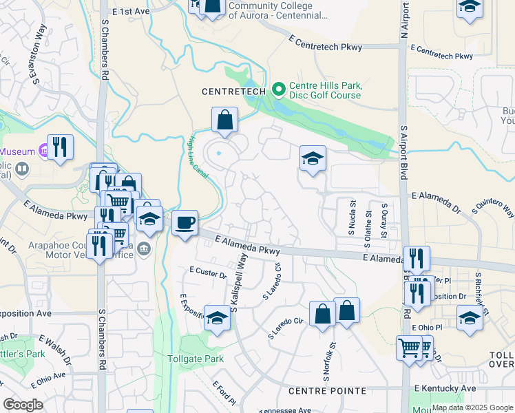 map of restaurants, bars, coffee shops, grocery stores, and more near 15911 East Dakota Place in Aurora