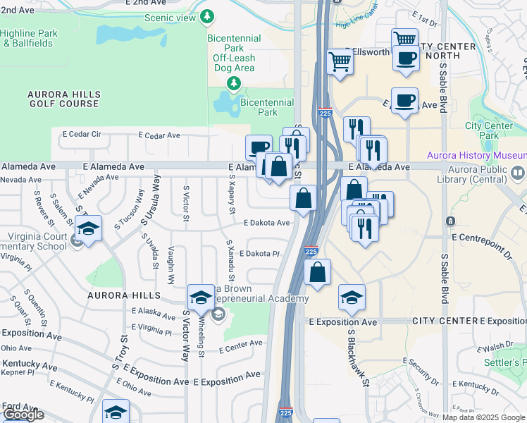 map of restaurants, bars, coffee shops, grocery stores, and more near 13621 East Nevada Place in Aurora