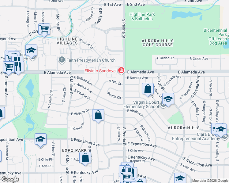 map of restaurants, bars, coffee shops, grocery stores, and more near 321 South Peoria Circle in Aurora