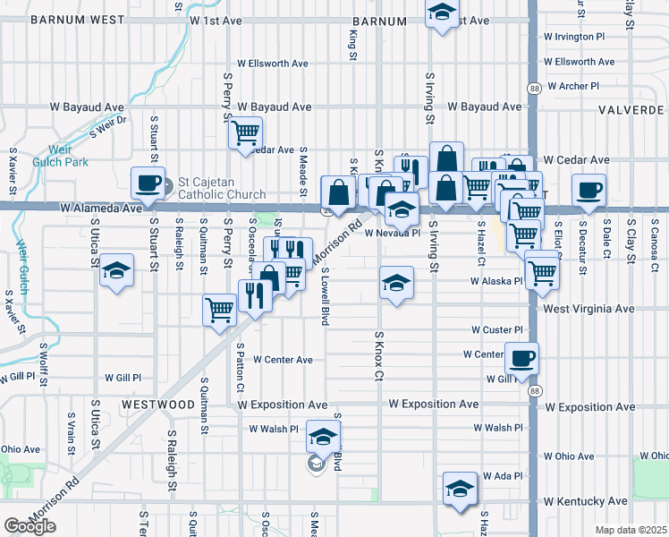 map of restaurants, bars, coffee shops, grocery stores, and more near 3570 Morrison Road in Denver