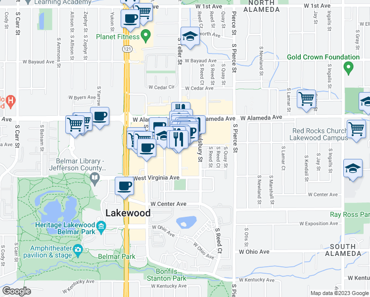 map of restaurants, bars, coffee shops, grocery stores, and more near in Lakewood