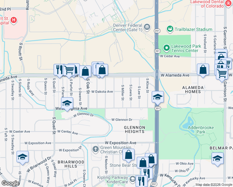 map of restaurants, bars, coffee shops, grocery stores, and more near 380 South Moore Street in Lakewood
