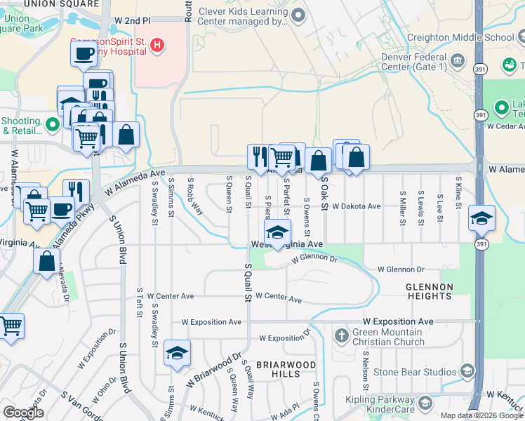 map of restaurants, bars, coffee shops, grocery stores, and more near 381 South Pierson Street in Lakewood