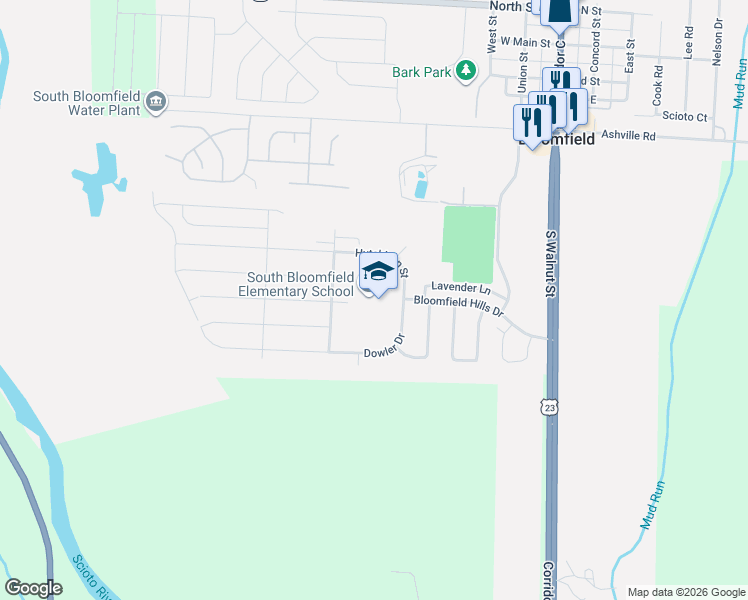 map of restaurants, bars, coffee shops, grocery stores, and more near 194 Dowler Drive in South Bloomfield