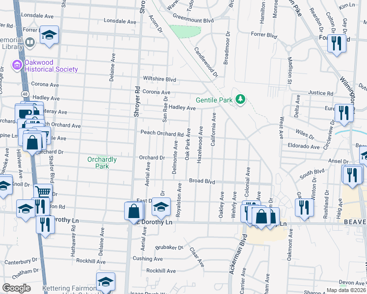 map of restaurants, bars, coffee shops, grocery stores, and more near 2615 Oak Park Avenue in Kettering