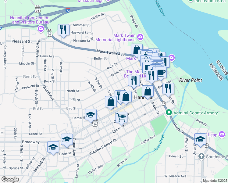 map of restaurants, bars, coffee shops, grocery stores, and more near 303 North 6th Street in Hannibal
