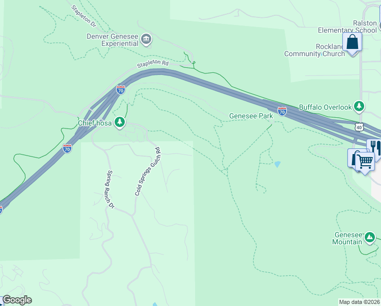 map of restaurants, bars, coffee shops, grocery stores, and more near 27407 Upper Cold Springs Gulch Road in Golden