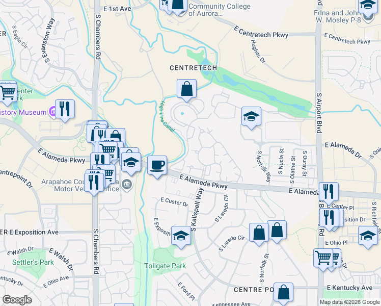 map of restaurants, bars, coffee shops, grocery stores, and more near 401 South Kalispell Way in Aurora