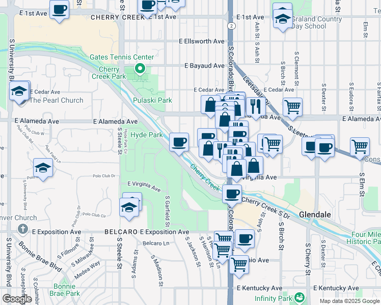 map of restaurants, bars, coffee shops, grocery stores, and more near 3665 Cherry Creek North Drive in Denver