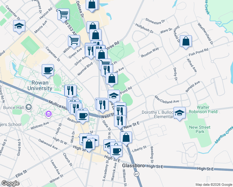 map of restaurants, bars, coffee shops, grocery stores, and more near 575 Fish Pond Road in Glassboro
