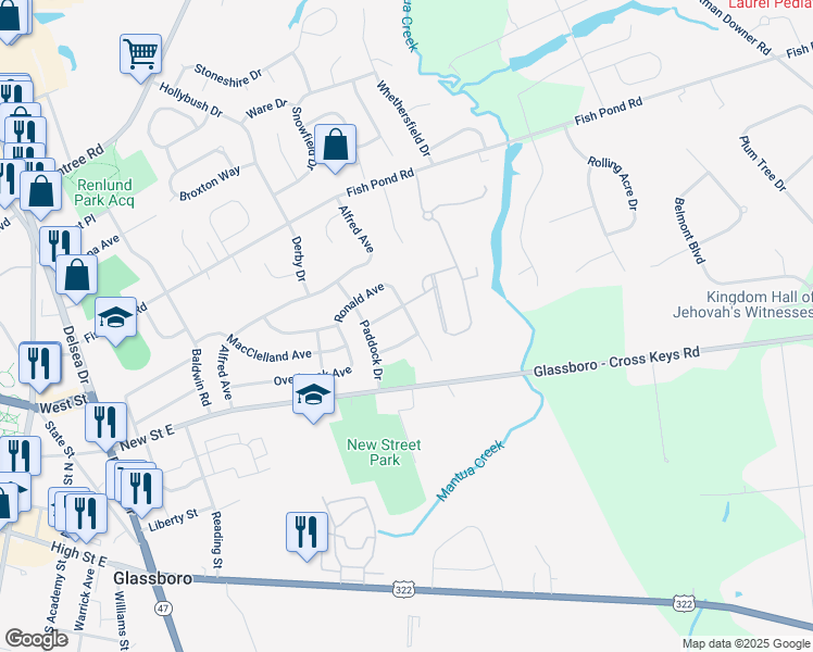 map of restaurants, bars, coffee shops, grocery stores, and more near 601 Ronald Avenue in Glassboro