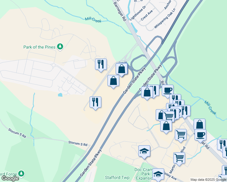 map of restaurants, bars, coffee shops, grocery stores, and more near 223 Stafford Park Boulevard in Stafford Township