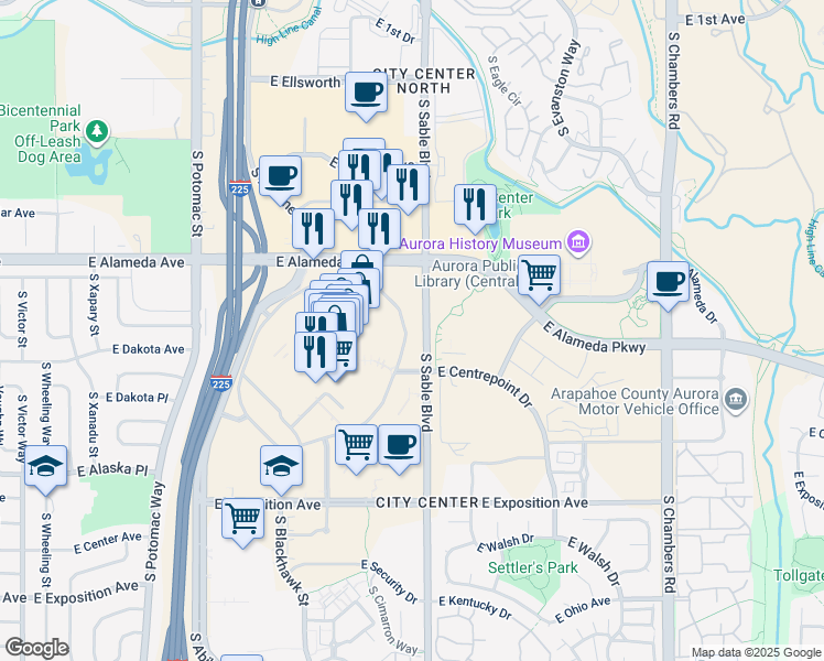 map of restaurants, bars, coffee shops, grocery stores, and more near Unnamed Road in Aurora