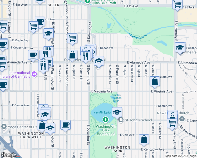 map of restaurants, bars, coffee shops, grocery stores, and more near 420 South Marion Street Parkway in Denver