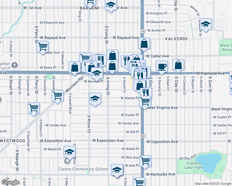 map of restaurants, bars, coffee shops, grocery stores, and more near 3195 West Dakota Avenue in Denver