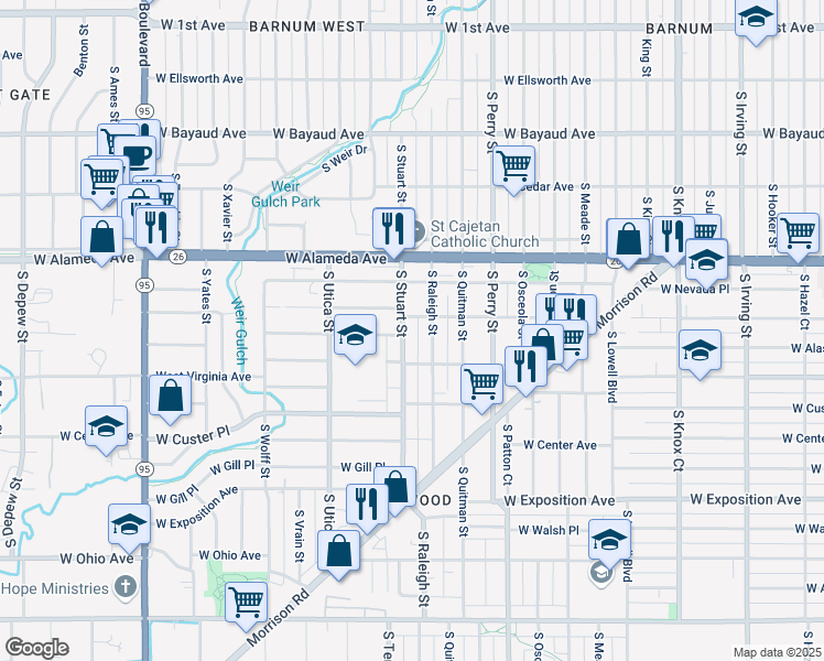 map of restaurants, bars, coffee shops, grocery stores, and more near 401 South Stuart Street in Denver