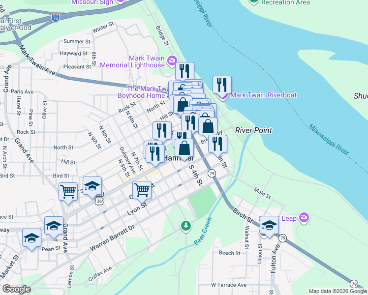 map of restaurants, bars, coffee shops, grocery stores, and more near 302 Broadway in Hannibal